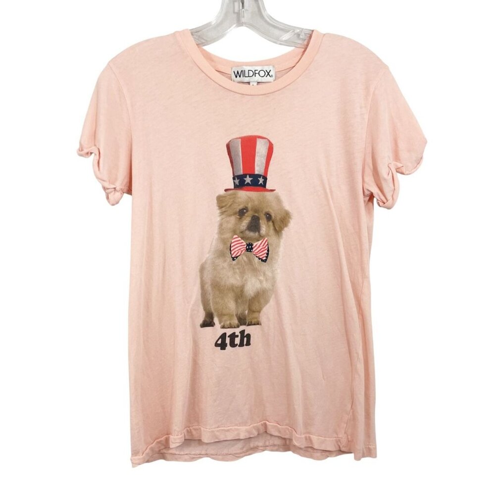 Wildfox Fourth of July Puppy Dog Light Pink Short Sleeve Graphic Tee Size Small
